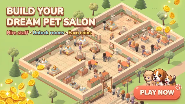 A growing salon with staff at grooming stations, tubs and dryers