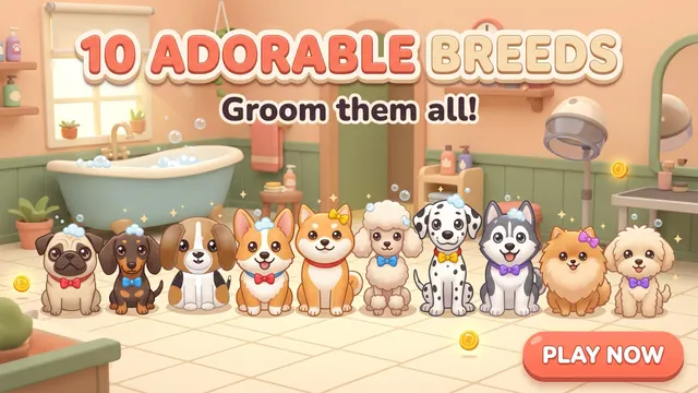 Ten breeds lined up in the salon: pug, dachshund, corgi, shiba, poodle, dalmatian, husky and more