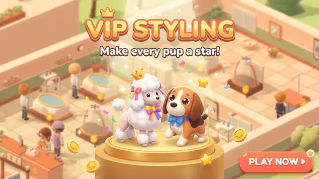 VIP styling: a poodle with a crown and a beagle on a golden podium